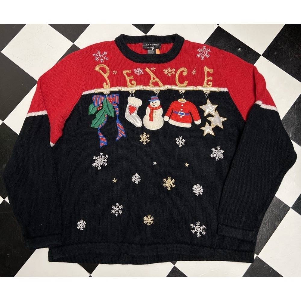 Vintage All Points Ugly Christmas Sweater Womens XL‎ 2 Sided Design Snowman AOP